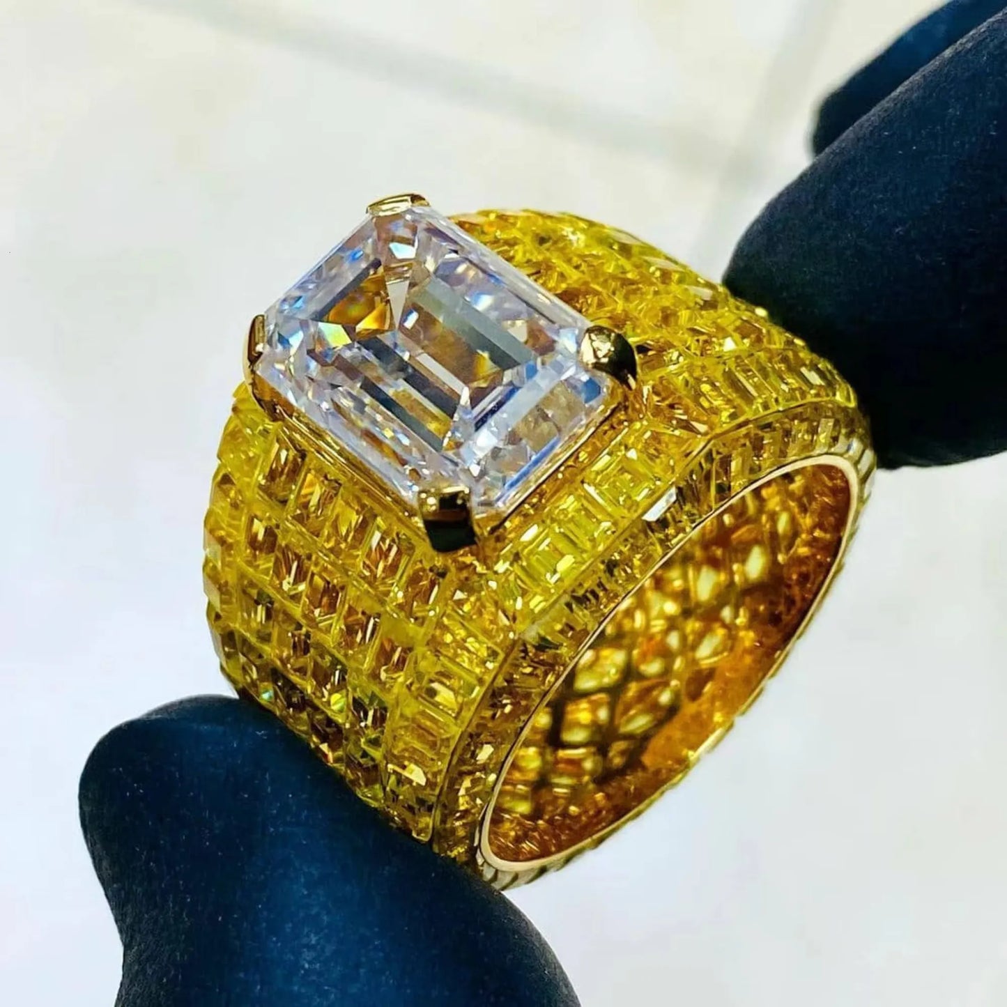 9" Iced Out Rings Moissanite Diamond Silver Tone with Chilled Pyroxene Gold