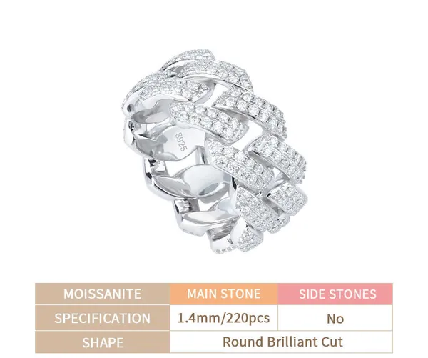 8" Ring Iced Out Diamond Moissanite Gold Plated 925 Sterling Silver