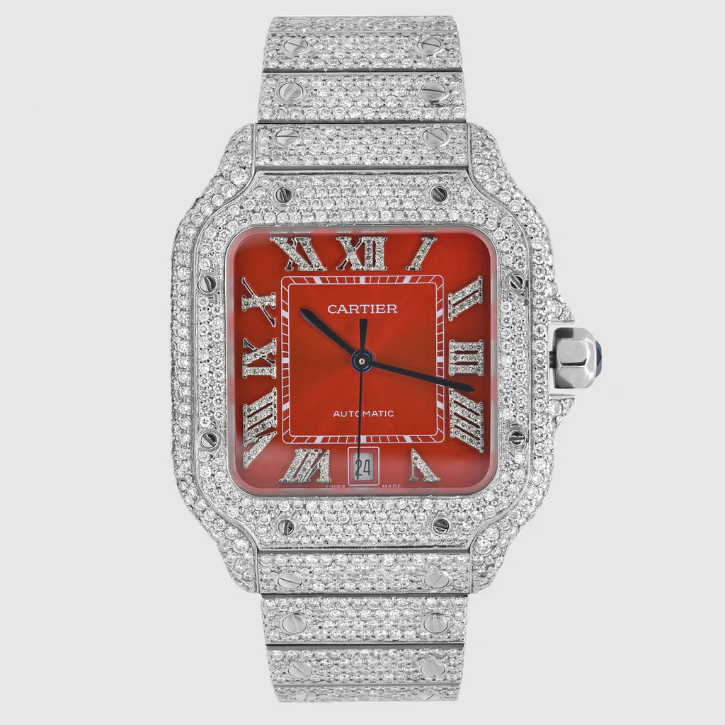 Iced Out Cartier Santos 40mm Diamond Red Dial Watch 20.5ct