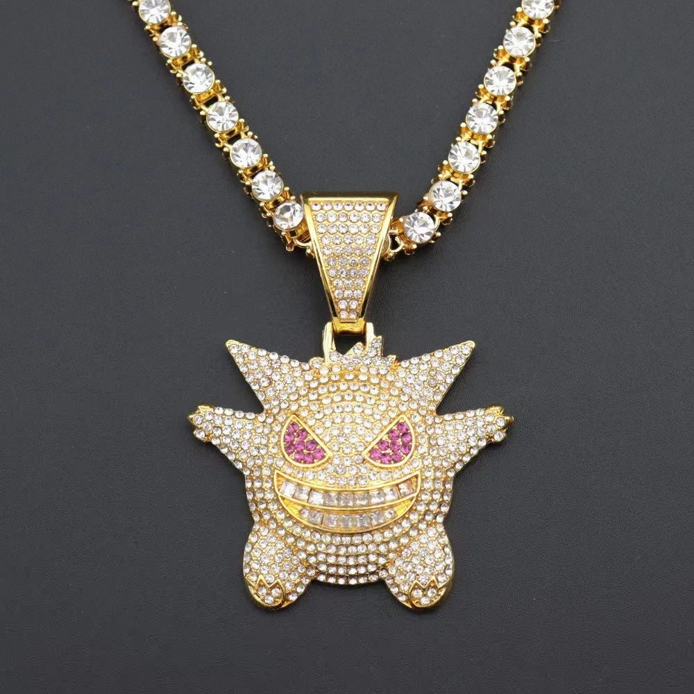 22" Gengar Pedant Necklace Moissanite Chain Cuban Tennis Chain Link Iced Out
