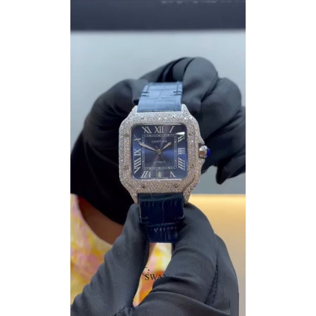 Santos Watch Blue Dial Custom Moissanite Diamonds 39.8mm