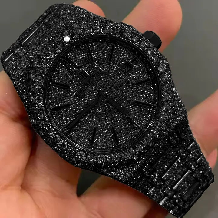 8" Iced Out Diamond Moissanite Black Watch