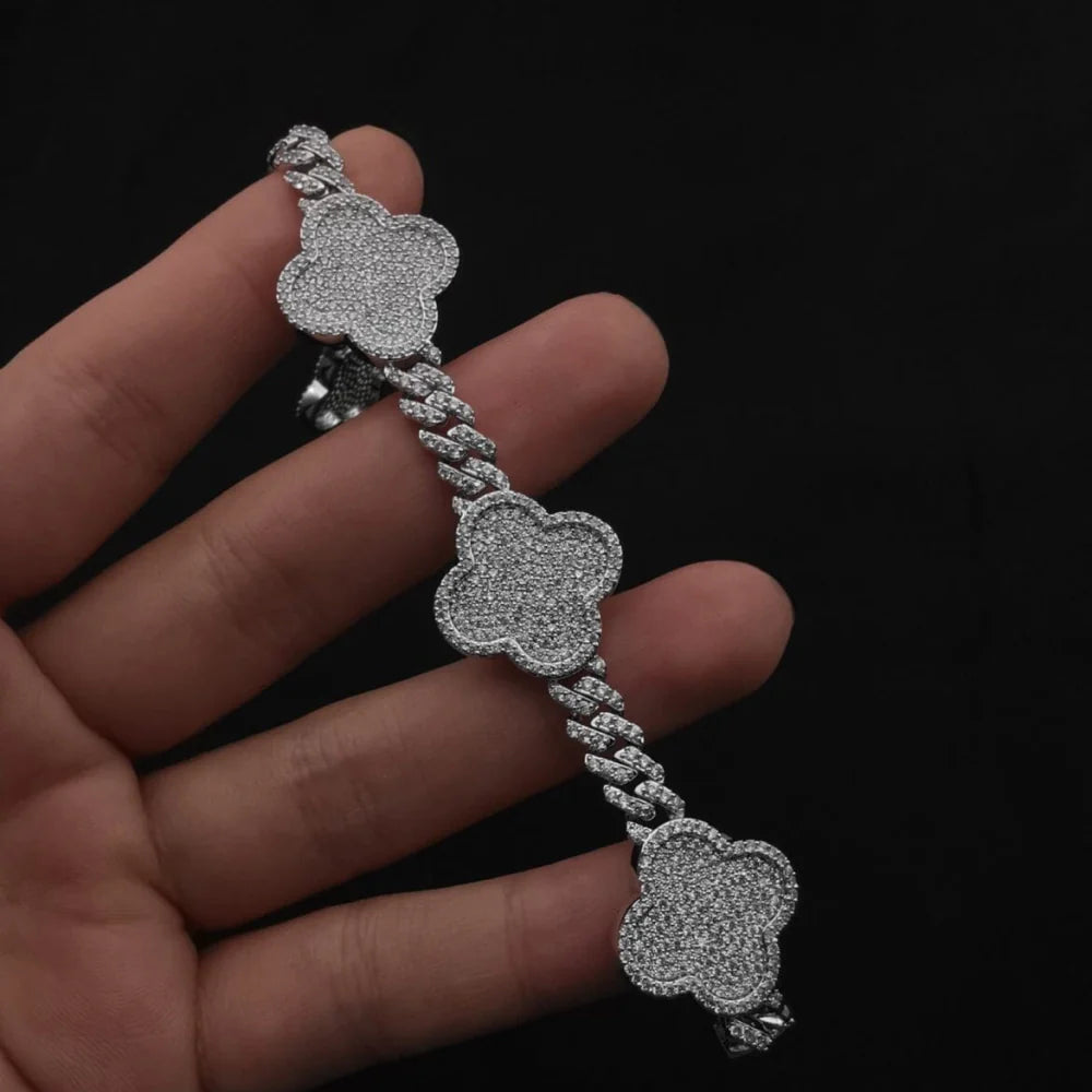 6.6" VVS Diamonds Iced Out Moissanite Clover Cuban Bracelet - 925 Silver