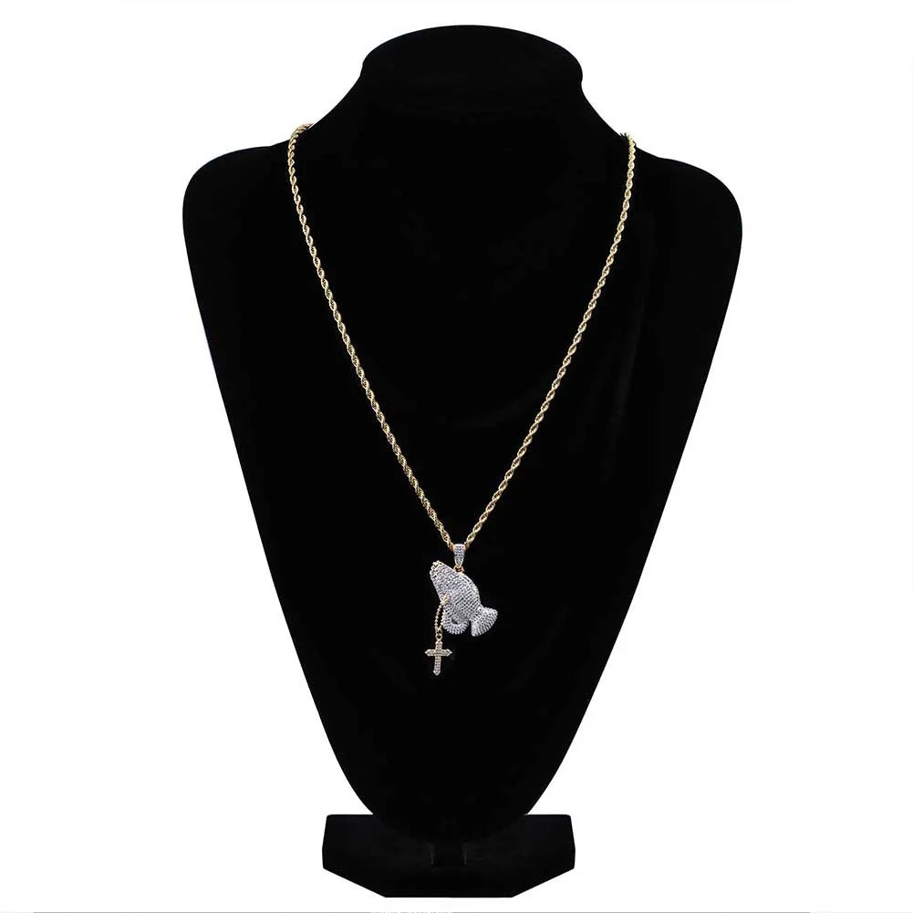 Iced Out CZ Praying Hands Cross Pendant Necklace
