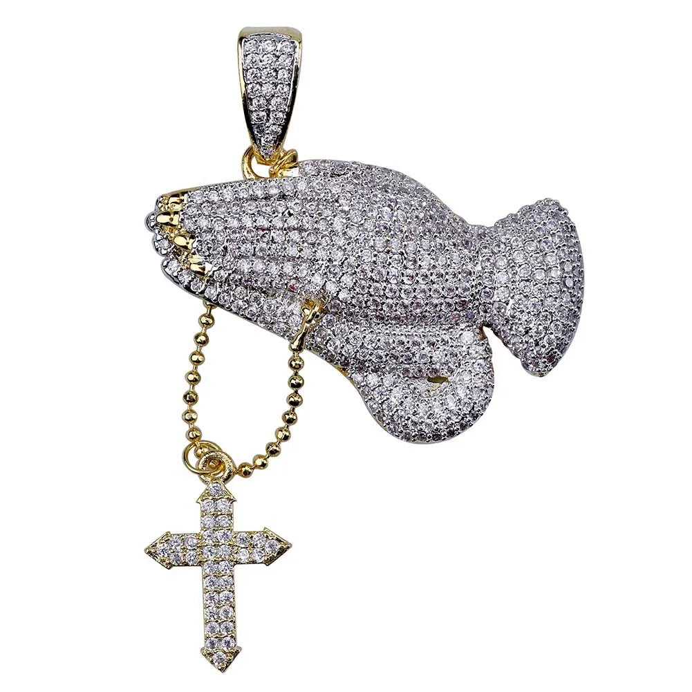 Iced Out CZ Praying Hands Cross Pendant Necklace