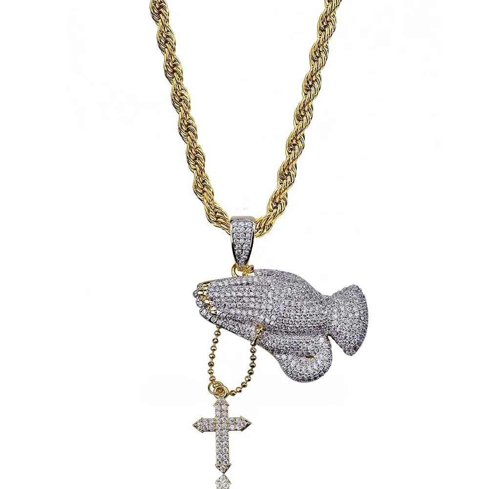 Iced Out CZ Praying Hands Cross Pendant Necklace