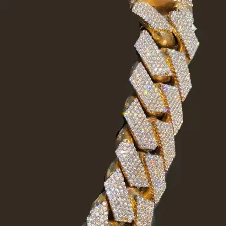 20" 40 ctw Real Moissanite 20mm Cuban Necklace Chain Link 14K Yellow Gold Plated 925