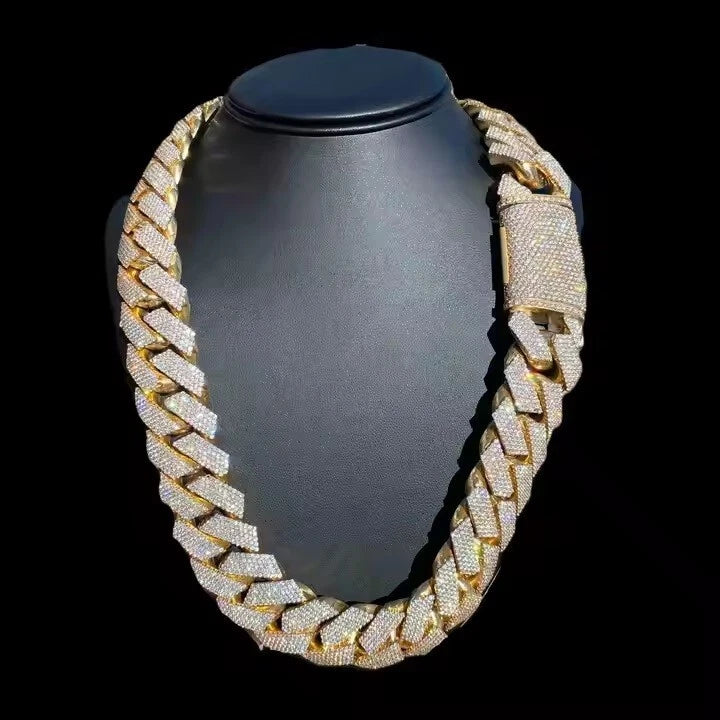 20" 40 ctw Real Moissanite 20mm Cuban Necklace Chain Link 14K Yellow Gold Plated 925