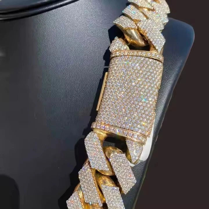 20" 40 ctw Real Moissanite 20mm Cuban Necklace Chain Link 14K Yellow Gold Plated 925