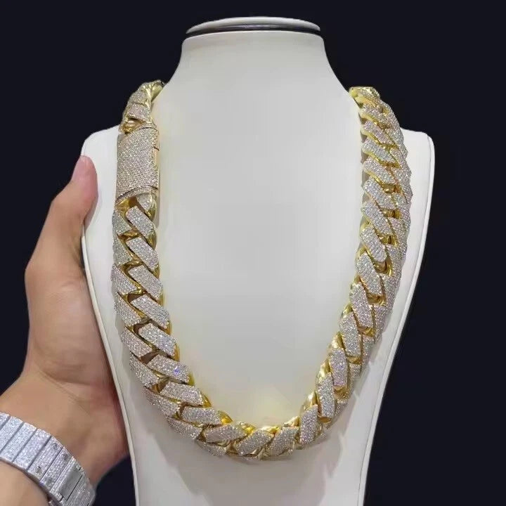 20" 40 ctw Real Moissanite 20mm Cuban Necklace Chain Link 14K Yellow Gold Plated 925