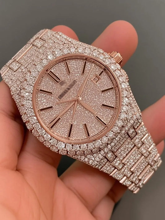 8" Iced Out Diamond Moissanite  Fuchsia Watch