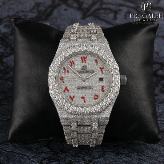 Moissanite Diamond Iced Out Fully Automatic Watch Stainless Steel White Gold Arabic Font Men Watch