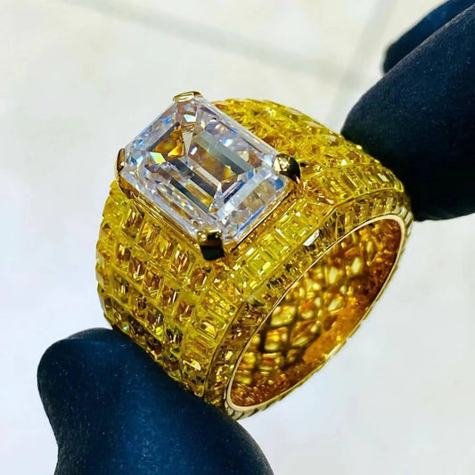9" Iced Out Rings Moissanite Diamond Silver Tone with Chilled Pyroxene Gold
