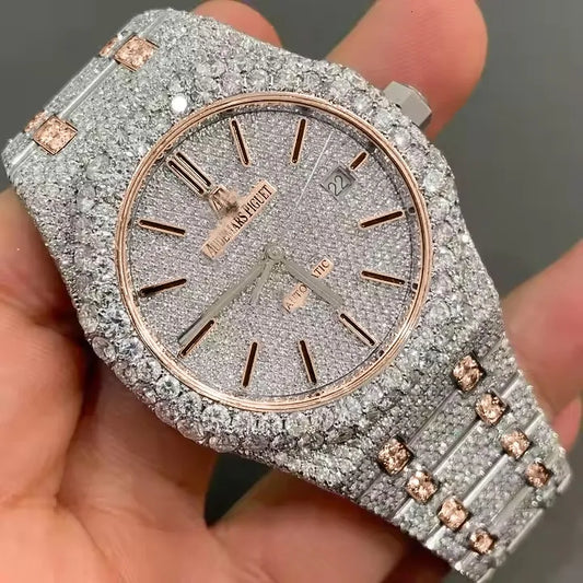 8" Iced Out Diamond Moissanite  Gold Watch