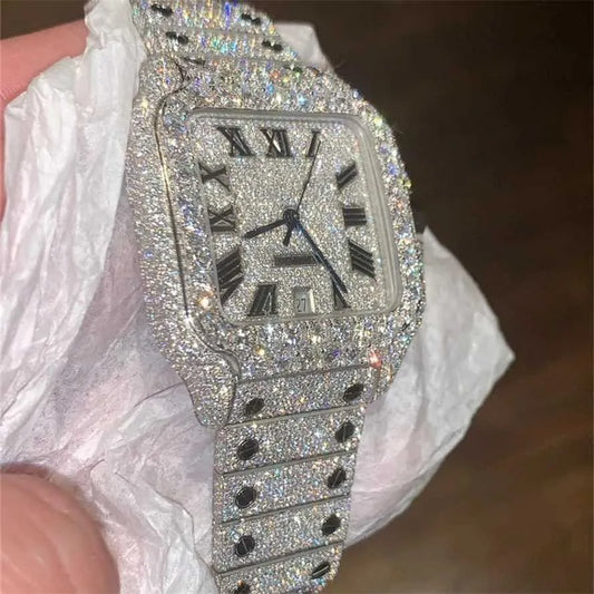 8" Iced Out Diamond Moissanite  Silver Watch