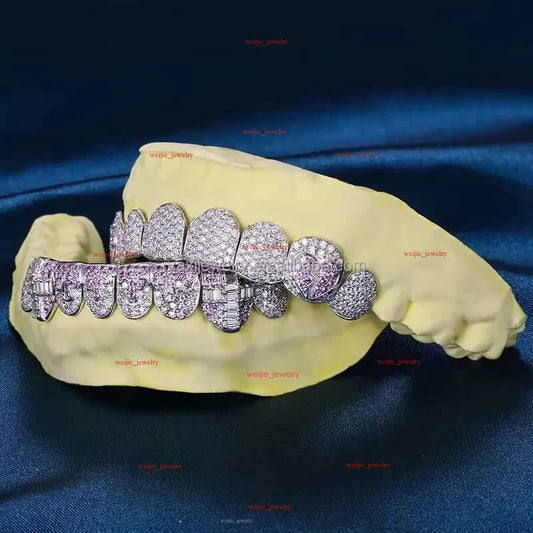 Custom Grillz Jewelry: Iced Out Sterg Sier Teeth with Emerald Cut Moissanite, Hip Hop Fine Jewelry