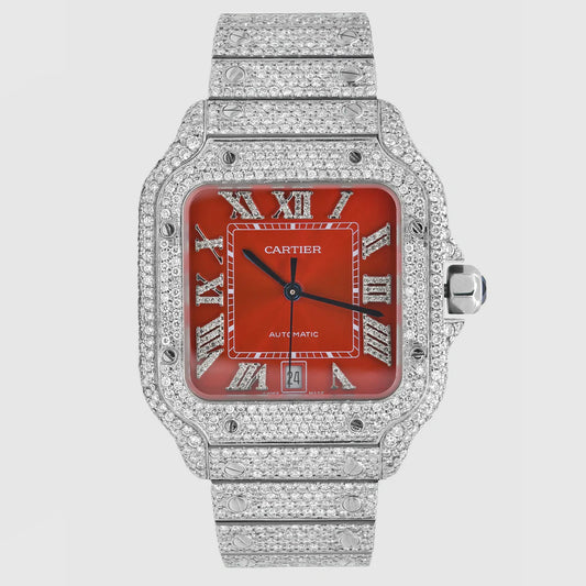 Iced Out Cartier Santos 40mm Diamond Red Dial Watch 20.5ct