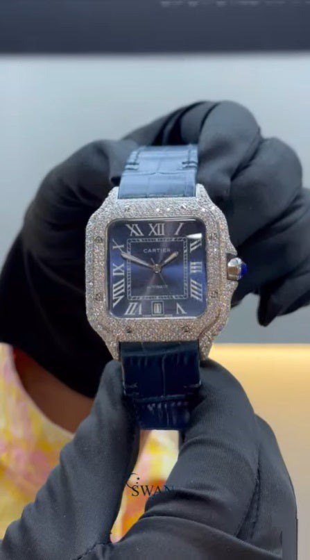Santos Watch Blue Dial Custom Moissanite Diamonds 39.8mm