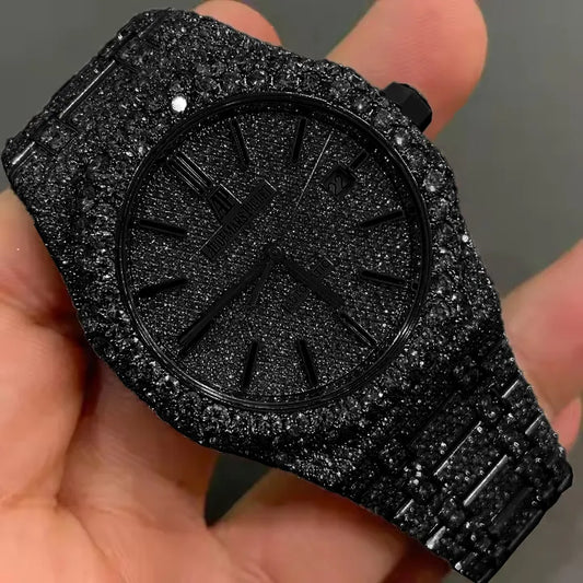 8" Iced Out Diamond Moissanite Black Watch