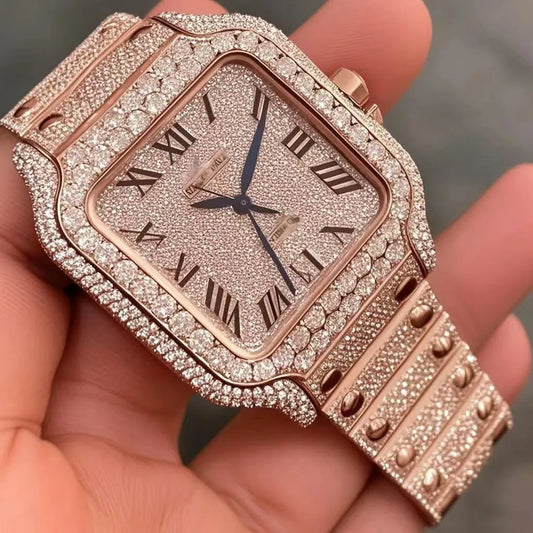 8" Iced Out Diamond Moissanite Pink Watch