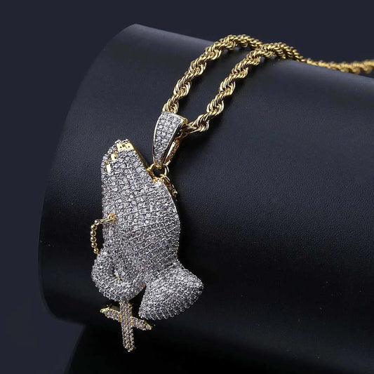 Iced Out CZ Praying Hands Cross Pendant Necklace