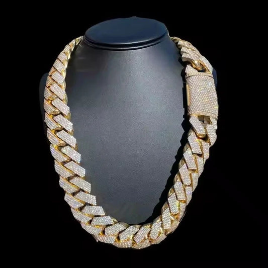 20" 40 ctw Real Moissanite 20mm Cuban Necklace Chain Link 14K Yellow Gold Plated 925